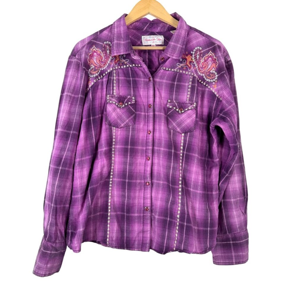 Panhandle Slim Womens Purple Plaid Embroidered Western Shirt sz XXL‎